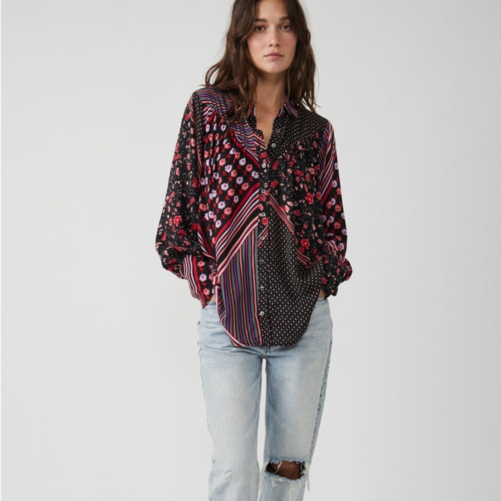 NWT Free People Hazel Button Up Top Blouse, Size Small, Floral Striped Patchwork